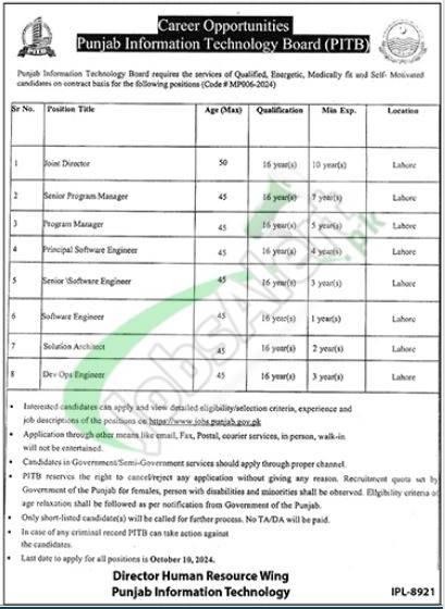 PITB Jobs Latest Advertisement 2024 Apply Online